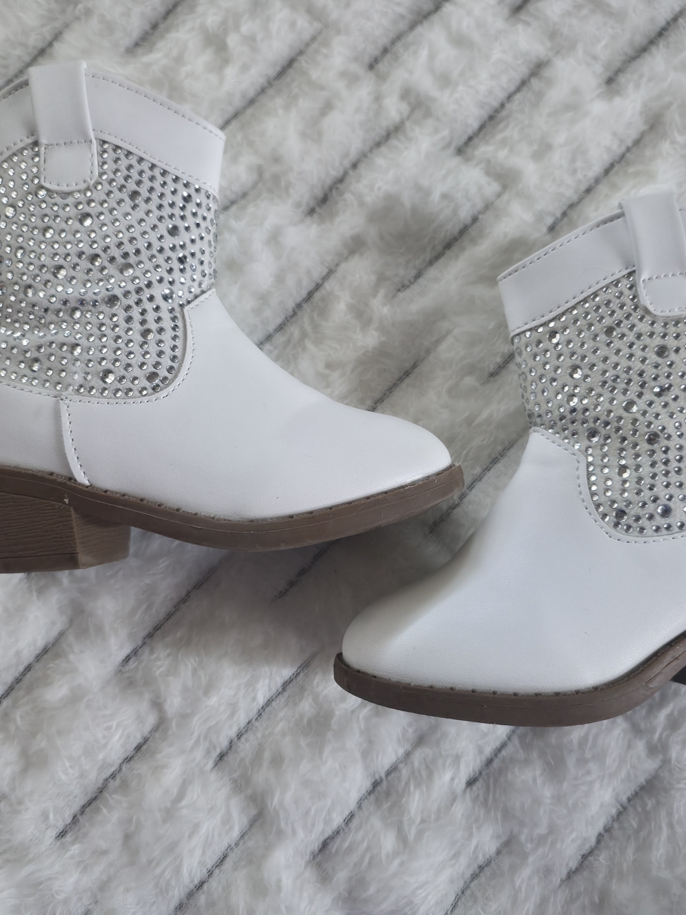 White Rhinestone Girls' Booties with Brown Outsole